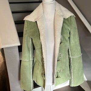Abby & Friends Created with Love Green & White Cozy Jacket. Sherpa & Suede Feel